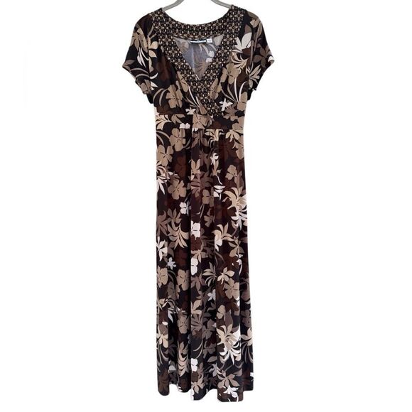 Croft & Barrow Women's Floral Brown Earthy V Neck Neautral Maxi Dress Size Small - Picture 2 of 7